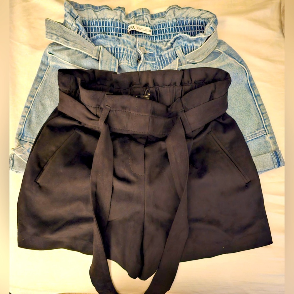 Bundle ZARA Black and Denim High Waisted Paper Bag Tie Waist Shorts Size 6